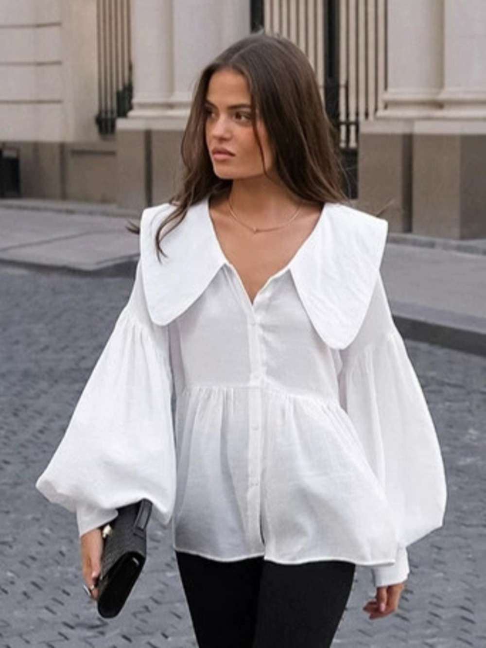Forever 21 White Peter Pan Collar Puff Sleeve Mid Length Blouse Loose Crinkle